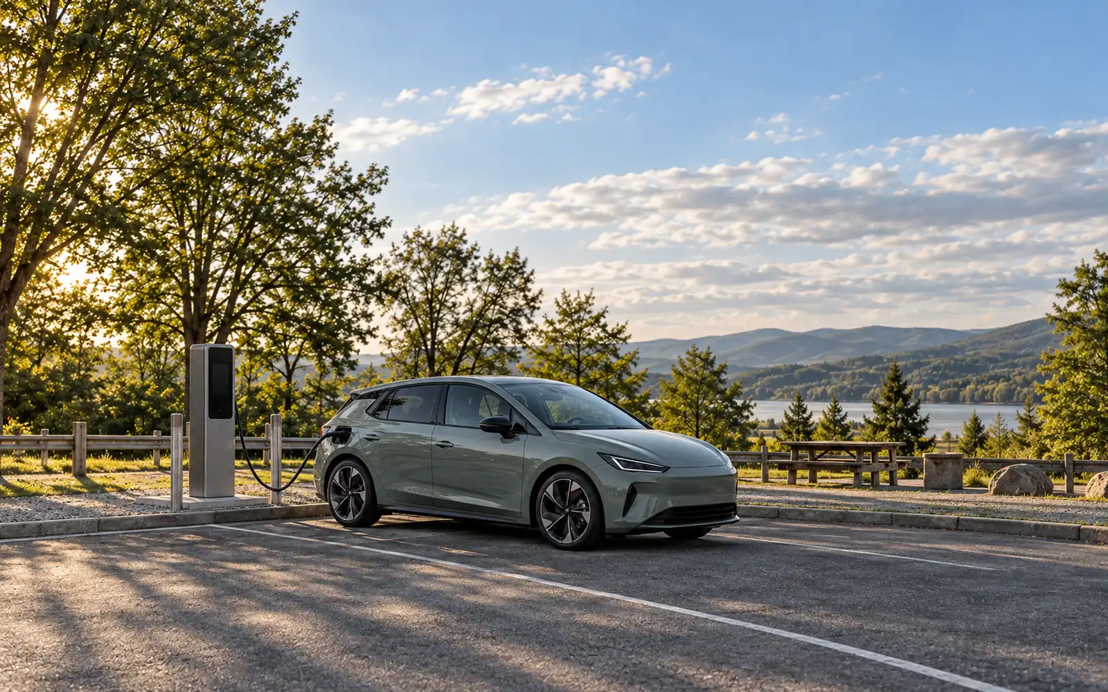 An unbadged electric hatchback plugged into a highway DC fast charger at a quiet rest area in daylight